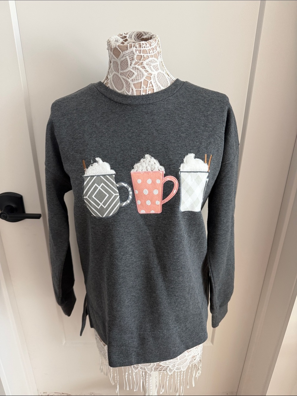 Dark Gray Sweatshirt with Three Coffee Mugs Graphic